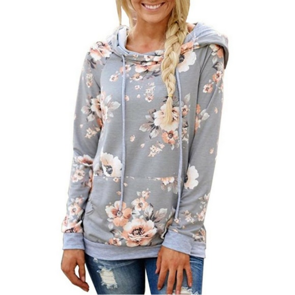 Floral Long Sleeve Pocket Drawstring Sweatshirt - Picture 2 of 5